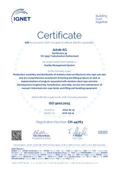 Certifikát Jakob Rope Systems – IQNET ISO 9001:2015